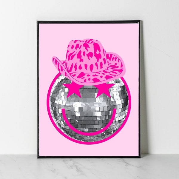 Cowboy disco ball smiley preppy digital print preppy disco wall art western wall decor preppy pink dorm room trendy room decor teen girl