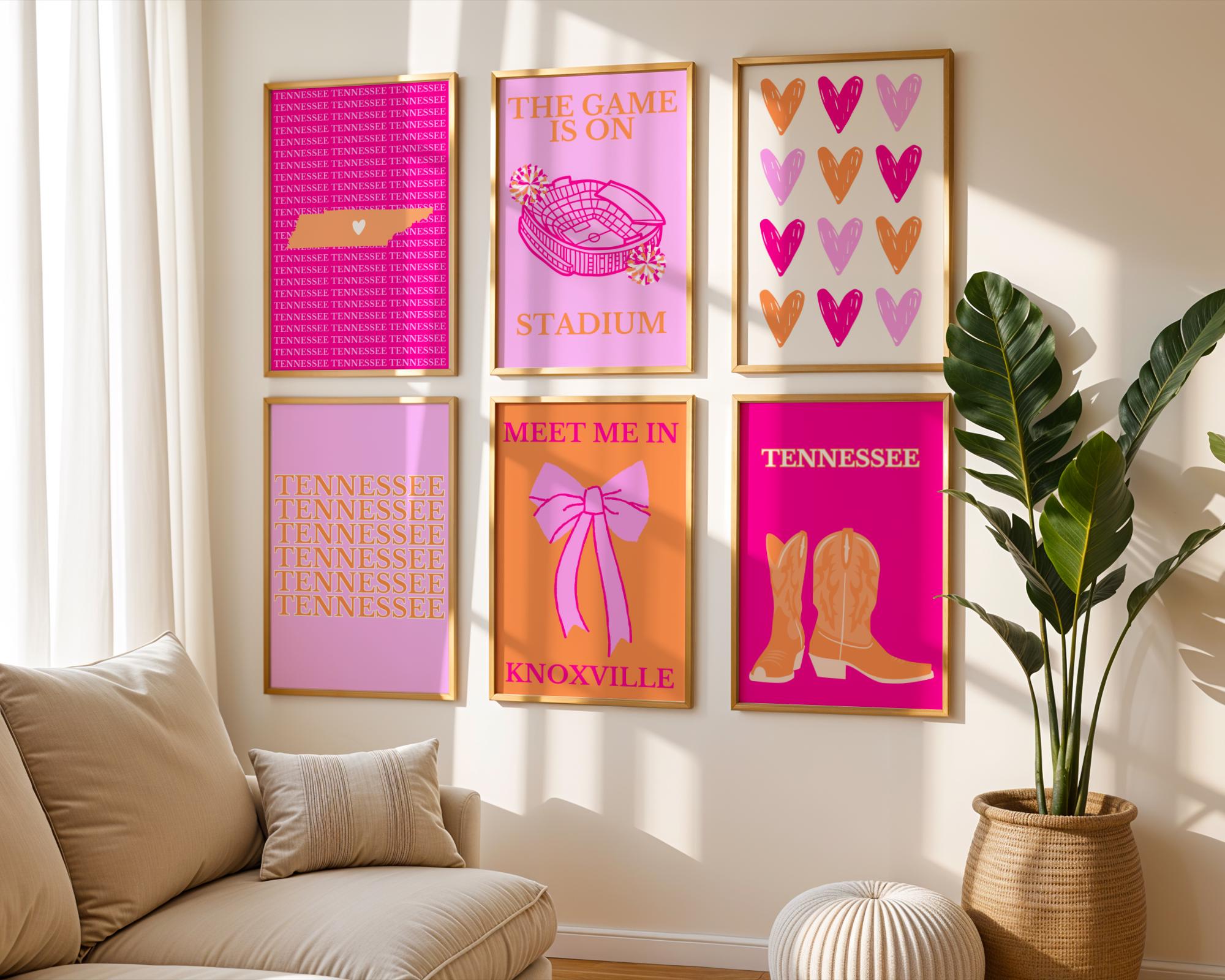 Tennessee digital prints instant download, pink orange wall art, college dorm room decor, sorority merch, pink preppy college girl wall art