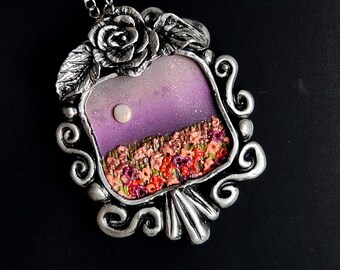 Moonlit Wildflower Pendant Necklace | Handmade Polymer Clay Wearable Art | Fairycore Cottagecore Jewelry | Mini Landscape Necklace