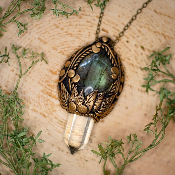 Golden Labradorite and Quartz Crystal Pendant, Boho Hippie Style,  Unique Gifts for Women, Clay Crystal Jewelry, Golden Crystal Amulet