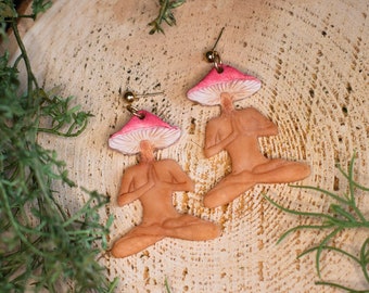 Meditating Mushroom Fairy Earrings | Handmade Polymer Clay Yoga Earrings | Fairycore Cottagecore Statement Jewelry | Woodland Gift