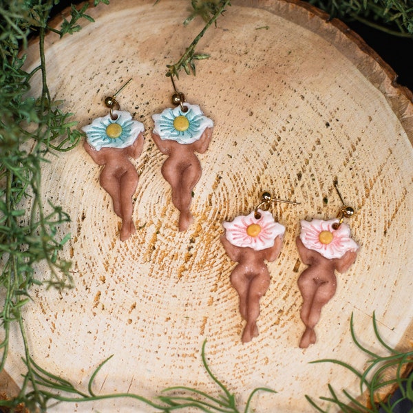 Feminine Flower Lady Drop Earrings, Garden Girl Accessories, Curvy Babe Art,  Flower Child Jewelry, Clay Earring, Fairycore and Cottagecore