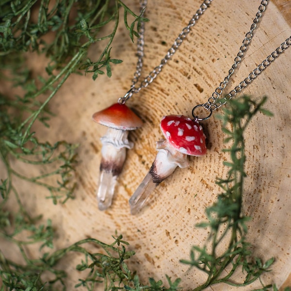Small Fairy Mushroom Pendant with Quartz- Glow in the Dark Accessories, Clay Crystal Pendant, Cottagecore / Fairycore aesthetic