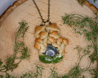 Glow in the Dark Labradorite Mushroom Pendant Necklace | Handmade Polymer Clay Woodland Jewelry | Cottagecore Fairycore Gift