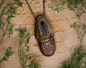 Black Moonstone & Strawberry Quartz Pendant Necklace | Handmade Crystal Jewelry | Witchy Woodland Gift | Boho Gemstone Pendant