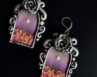Moonlit Wildflower Earrings | Handmade Polymer Clay Statement Earrings | Mini Landscape Wearable Art | Cottagecore Fairycore Jewelry