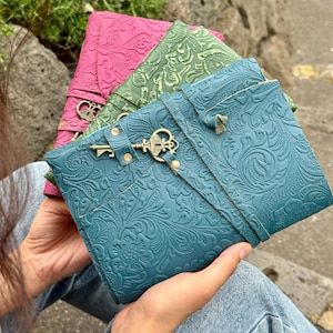 A5 Embossed Leather Journal | Wrap Around Design, Vintage Pages, Brass Key | 4 Paper Choices