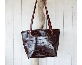 Burgundy Alligator Print Leather Tote Bag | Handmade Structured Purse | Elegant Work Bag
