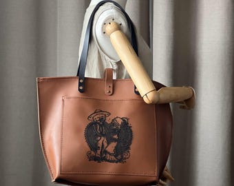 Handmade Caramel Leather Tote Bag | Day of the Dead Wedding Engraved