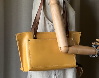 Handmade Yellow Leather Tote Bag with Leather Straps