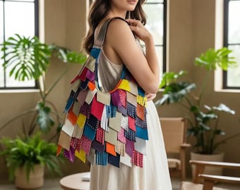 Bohemian Beauty: Handmade Multicolor Leather Bag with Hippie Fringe Tassels