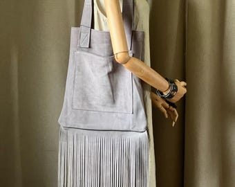Handmade Suede Fringe Tote | Boho Chic Leather Handbag | Vintage-Inspired Shoulder Bag