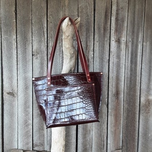 Handmade Leather Tote Bag alligator print Burgandy color