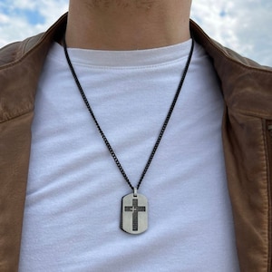 Hundemarke-Halskette für Männer, schwarze Kettenhalskette, Herren-Kreuz-Halskette, Geburtstagsgeschenk für den Freund, Edelstahl-Halskette, christliche Geschenke