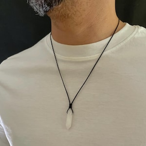Clear Quartz crystal necklace, Gemstone bar necklace, Dad, husband, boyfriend birthday gift, Mens cord necklace, Best gifts for him