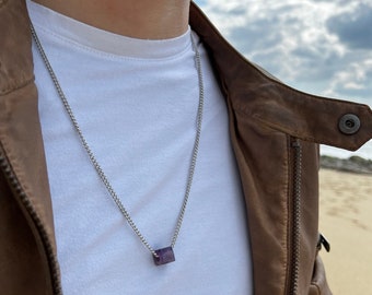Real amethyst birthstone Handmade mens necklace Stainless steel necklace Best gift for him Christmas Birthday gifts for boyfriend or husband