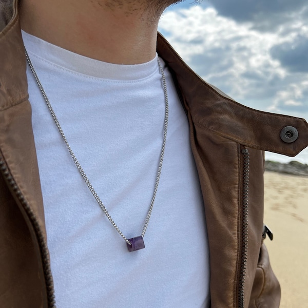 Real amethyst birthstone Handmade mens necklace Stainless steel necklace Message card Christmas Birthday gifts