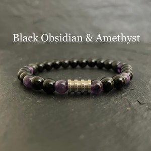 Zwarte obsidiaan armband, Amethist armband, Kristal armband voor mannen, Heren kralen armband, Verjaardag of Kerst vriendje cadeaus
