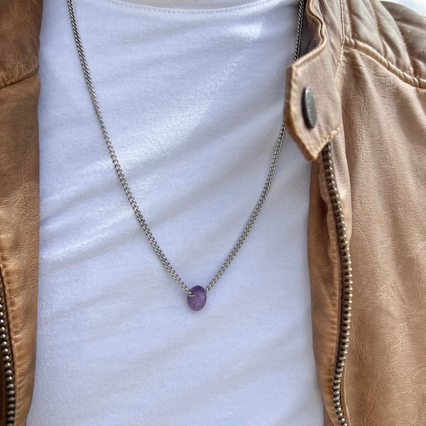 Amethyst necklace for men, February birthday, Waterproof mens necklace, Silver chain necklace, Aquarius gifts, Boyfriend birthday gifts