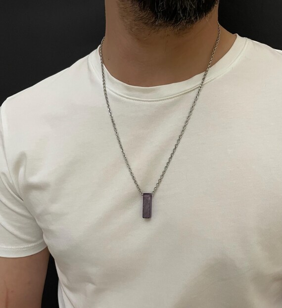 Amethyst necklace, Mens bar necklace, Birthday gift for friend, husband or boyfriend, Men's jewelry, Stainless steel necklace for men