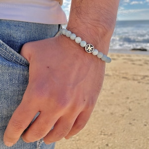 Aquamarijn armband voor heren, geboortesteen maart, kralen armband, cadeau voor Vissen, waterdichte sieraden, beste verjaardagscadeaus voor vriend of echtgenoot