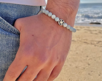Bracciale da uomo con acquamarina, pietra portafortuna di marzo, bracciale con perline, regalo per i Pesci, gioiello impermeabile, il miglior regalo di compleanno per fidanzato o marito