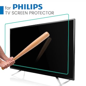Puede incluir: Una pantalla de televisión negra con un bate de béisbol de madera balanceándose hacia ella. El texto "for PHILIPS TV SCREEN PROTECTOR" se muestra sobre la televisión.