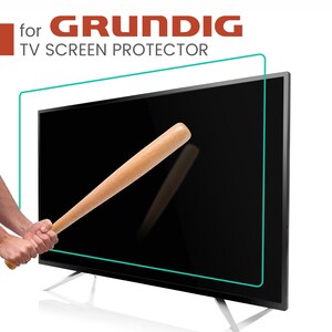 Op de afbeelding: Een televisiescherm beschermer voor een GRUNDIG TV. De beschermer wordt getoond met een honkbalknuppel die tegen het scherm slaat, wat de beschermende eigenschappen demonstreert.