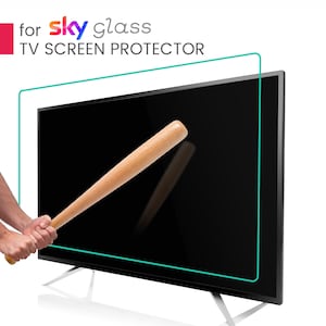 May include: A television screen with a protective overlay, with the text "for Sky Glass TV Screen Protector". A wooden baseball bat is held against the screen. The image demonstrates the screen protector's durability.