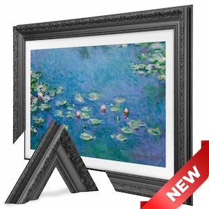 May include: A framed print of a water lilies painting in shades of blue, green, and pink. The artwork is in a black ornate frame. A detached corner of the frame is shown in the foreground. A red banner with the word "NEW" is in the bottom right corner.
