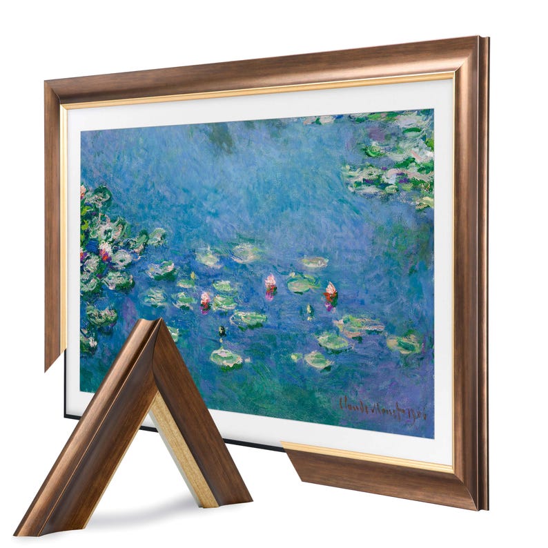 May include: A framed print of a painting depicting water lilies in a pond. The frame is a dark brown wood with a gold trim. The painting is by Claude Monet and is titled "Water Lilies".