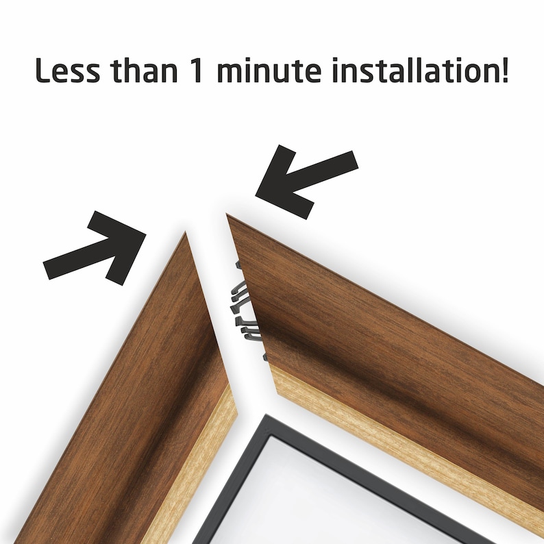May include: Close-up of a wooden picture frame with a black mat. The frame is made of two pieces of wood that fit together with a simple snap mechanism. The text "Less than 1 minute installation!" is visible at the top of the image.
