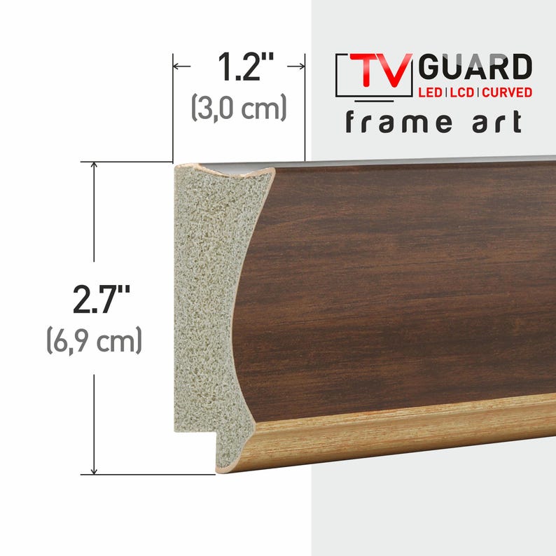 May include: A close-up of a brown wood TV frame with a light brown trim. The frame is 2.7 inches tall and 1.2 inches wide. The frame is labeled "TV GUARD LED LCD CURVED frame art".