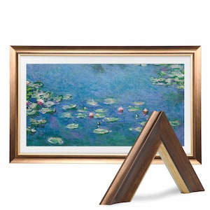 May include: A framed print of a painting depicting water lilies in a pond. The frame is a light gold color and the mat is a light cream color. The print is in a landscape orientation.