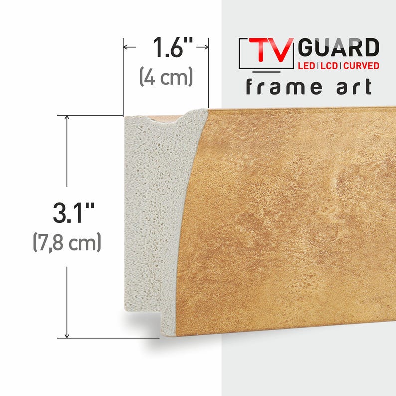 Puede incluir: Primer plano de una secci&oacute;n de marco con un acabado marr&oacute;n dorado texturizado. El marco mide 4 cm de ancho y 7,8 cm de alto. El texto "TV GUARD LED LCD CURVED frame art" es visible.