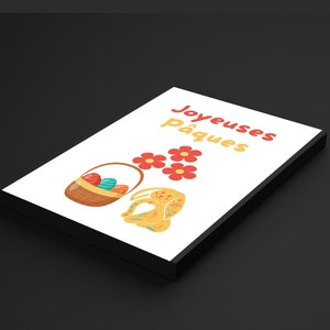 Carte de vœux pour Pâques, Carte Joyeuses Pâques, lapin, œufs et fleurs