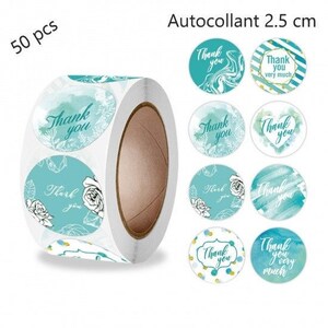 50 Etiquettes autocollantes,étiquettes adhésives 25 mm couleur bleue et blanche message en anglais, emballage cadeau, emballage commande