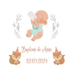 Baptême-Étiquettes 40 mm design fleurs, bébé et écureuils