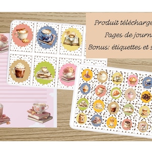 Peut inclure: Illustrations à l'aquarelle sur le thème du café et du thé, comprenant un carnet à spirales avec des pages lignées et des planches d'autocollants. Le texte indique "Produit téléchargeable: Pages de journal Bonus: étiquettes et stickers."