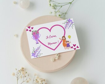 Carte Je t'aime maman, carte vœux fête des mères, carte fleurs colorées, cadeau personnalisé, cadeau maman, carte postale printemps