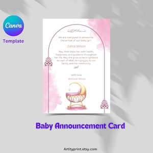 Islamic Editable Baby Girl Birth Announcement Card | Digital Download Canva Template | Muslim Newborn & Islamic Baby Shower, Printable  Card