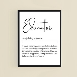 May include: A black framed print featuring the word "Educator" in stylish script. The print includes a definition of an educator, describing a kind, patient person who helps students acquire knowledge. The print is in black and white.