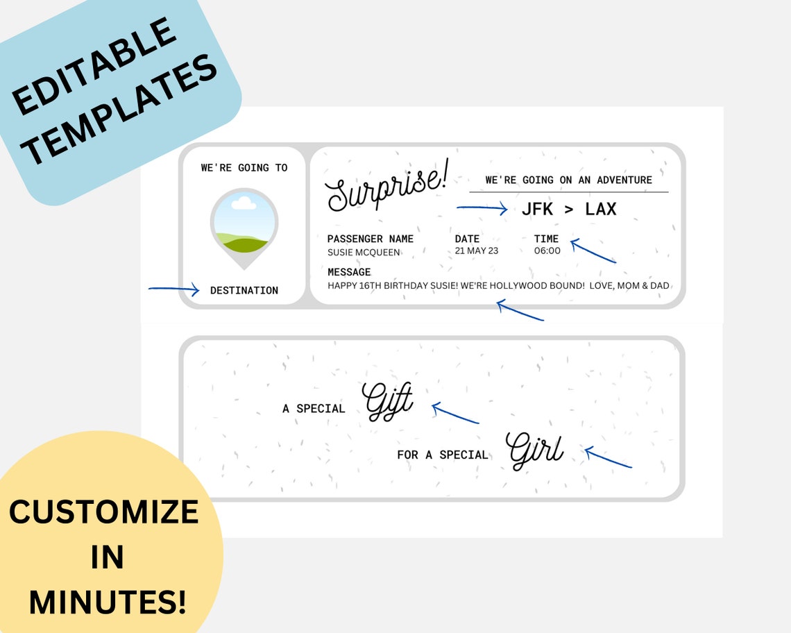 Printable Plane Ticket EDITABLE Boarding Ticket Template, Surprise ...