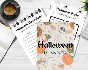 Puede incluir: Un planificador de Halloween imprimible con una lista de verificación para decoraciones, comida y bebidas. El planificador presenta un diseño espeluznante con calabazas, maíz dulce y arañas.