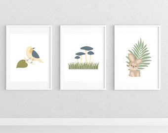 Printable Nursery Wall Art Set of 6 Cottagecore Theme / Mushrooms, Insects, Animals / Printable Gift