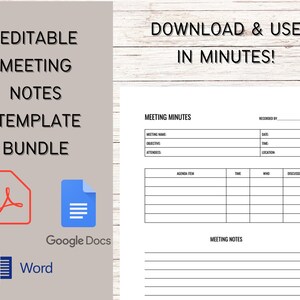 Meeting Notes Printable Meeting Minutes Template Editable Meeting Notes Project Agenda Use with Word Pages Google Docs Adobe Acrobat