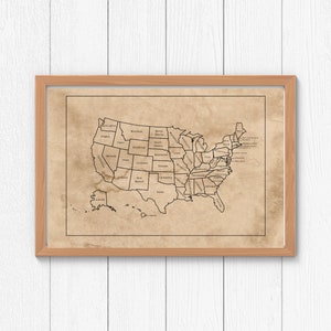 United States World Map Antique Home School Wall Art Map of the U.S.A  American States Printable for Classroom Educational Printables