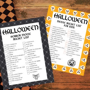 May include: Two Halloween-themed bucket lists. One is a horror movie list, and the other is a kids' movie list. Both lists are on white paper with black text and decorative borders. The kids' list has a pumpkin graphic.