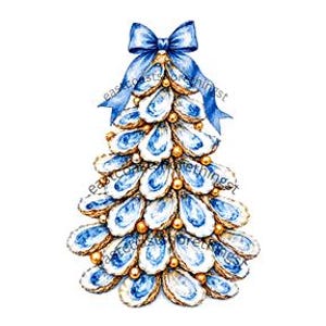 Printbare kerstboom van blauwe oesterschelpen | 7,5 x 10 cm digitale download | Cadeaulabel met kustthema | Decoupage kunst