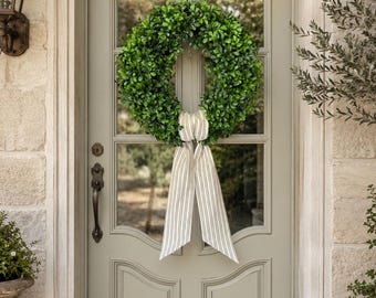 Wreath Sash Khaki And Cream Ticking Stripe Front Door Decor